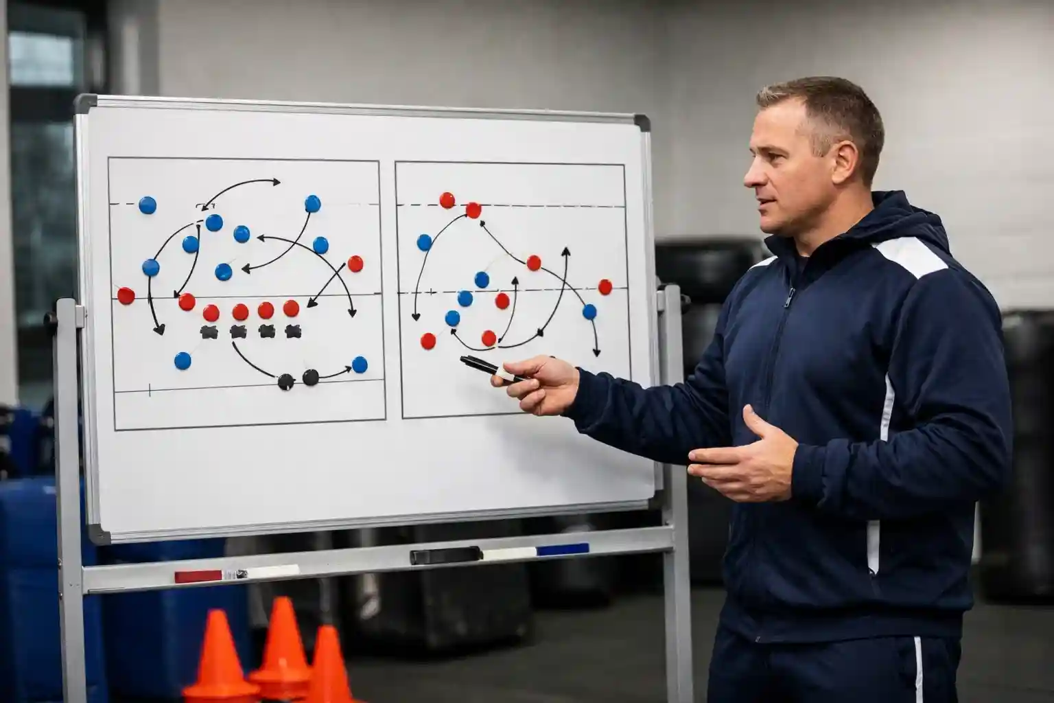 Entrenador de rugby analizando tácticas con pizarra y diagrama de jugadas