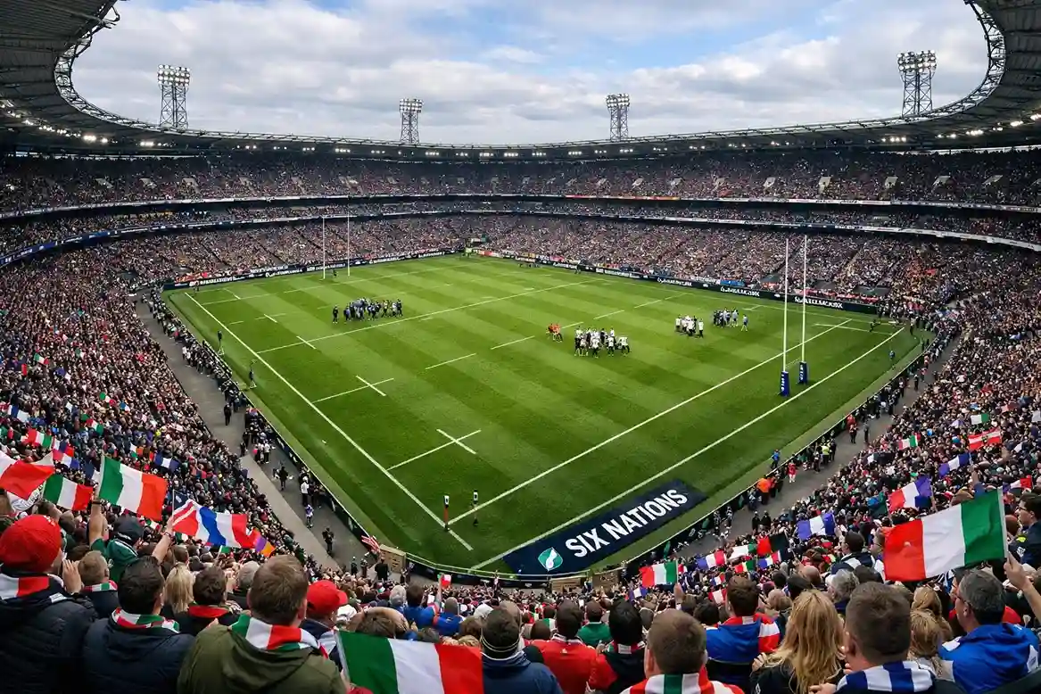 Estadio de rugby lleno de aficionados durante el Torneo Seis Naciones
