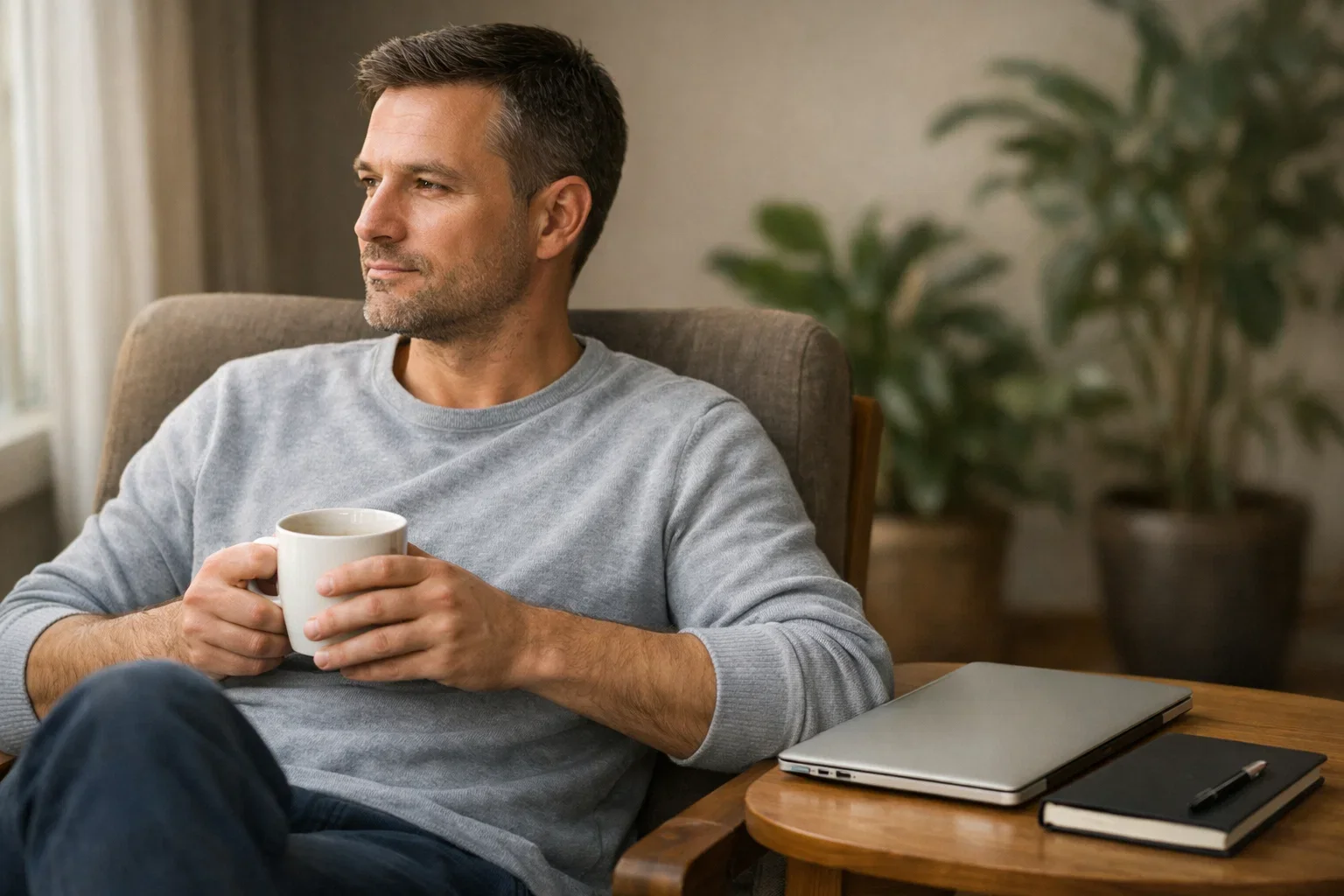 Hombre reflexionando con calma mientras revisa resultados de apuestas deportivas