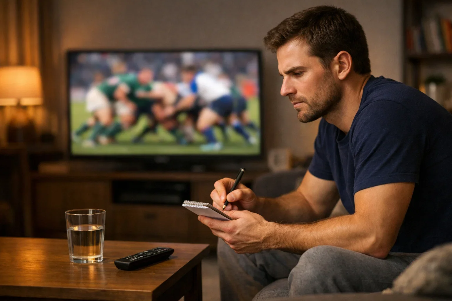 Aficionado concentrado viendo un partido de rugby en televisión tomando notas