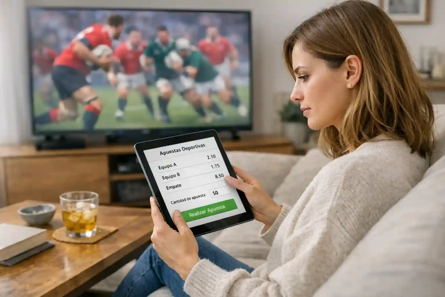 Persona concentrada siguiendo un partido de rugby mientras consulta su tablet