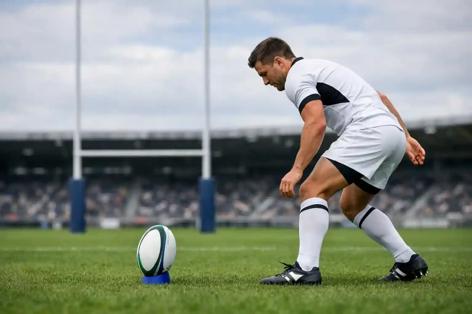Jugador de rugby ejecutando una conversión a los palos en campo de césped