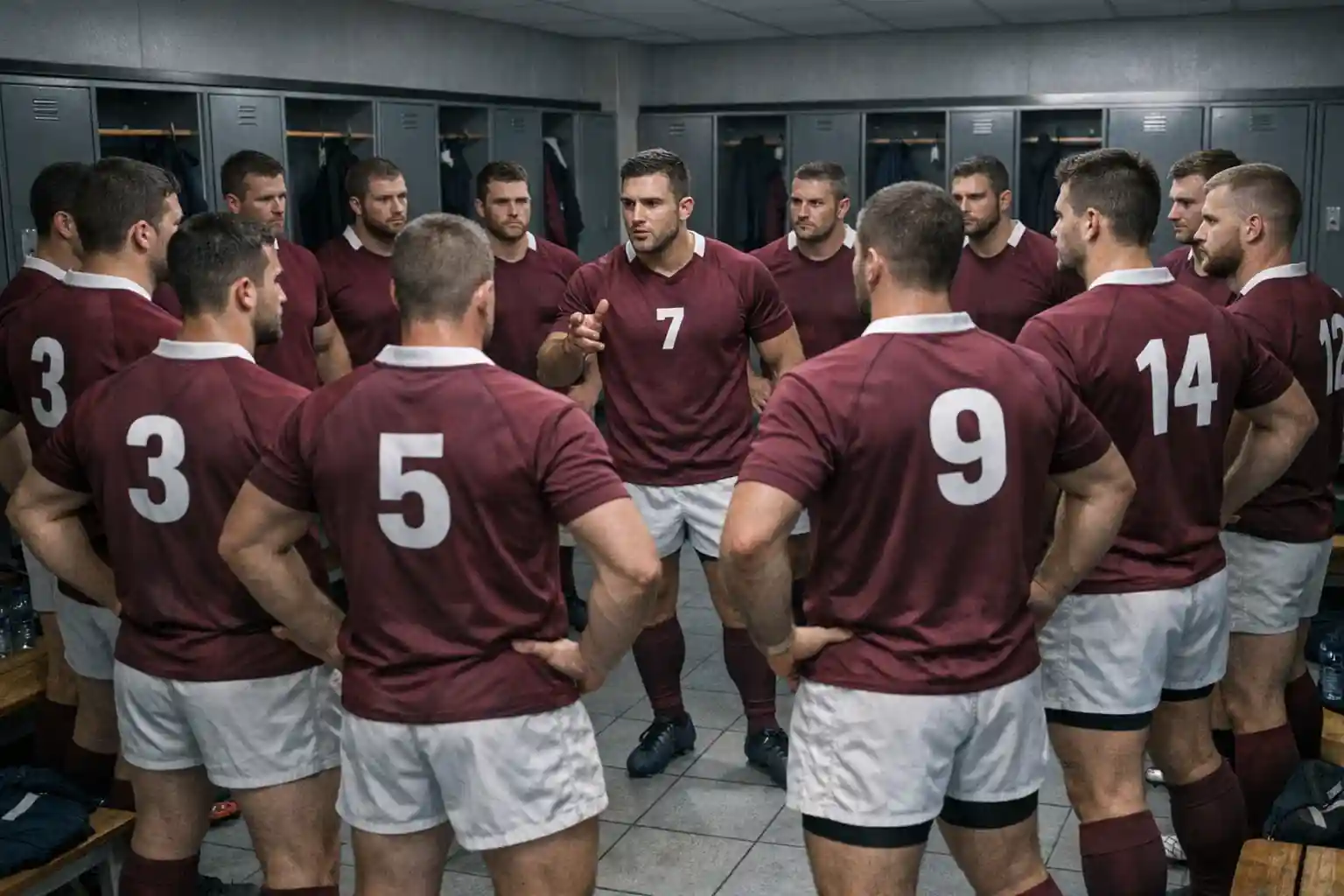 Equipo de rugby en formación clásica sobre campo de hierba