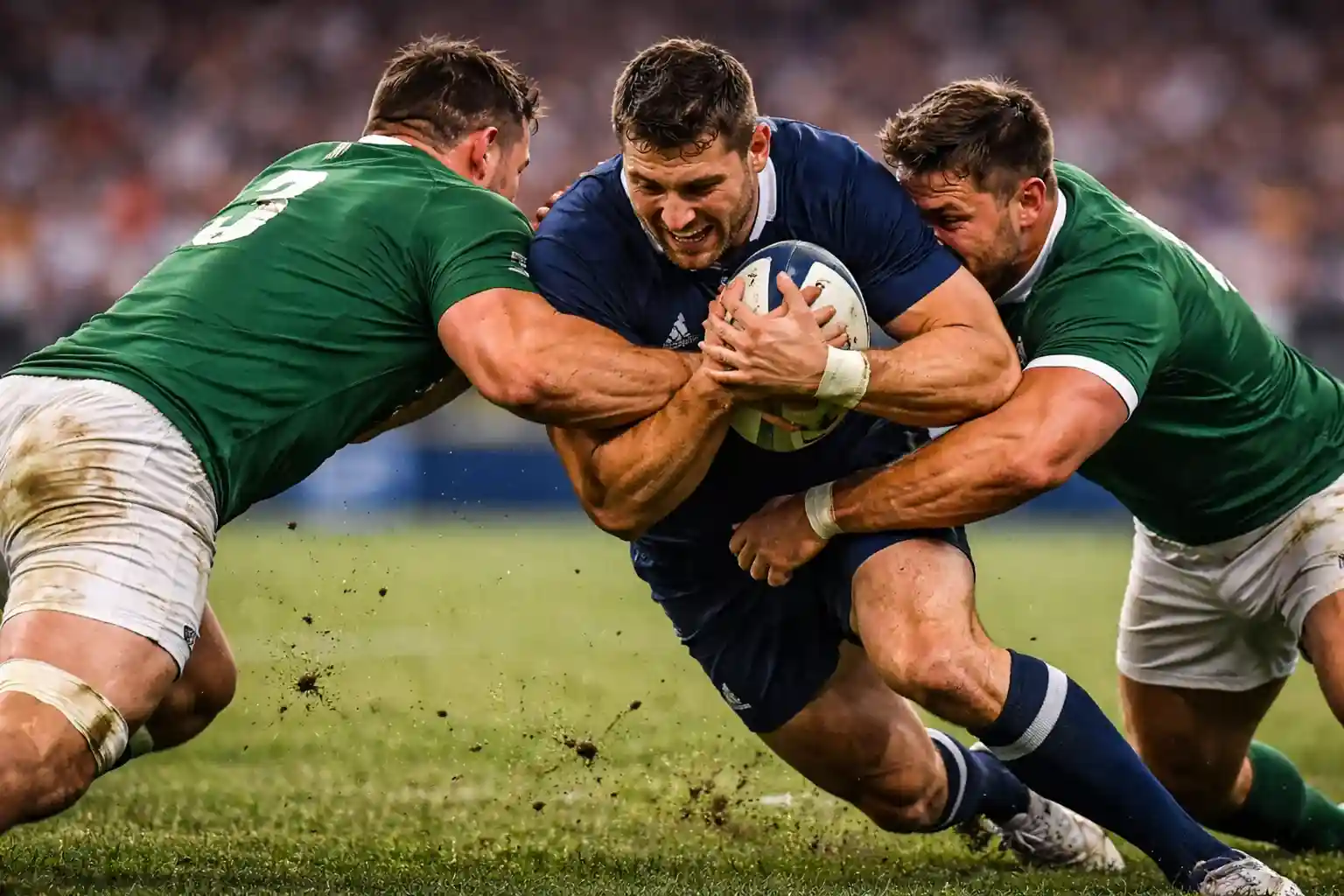 Dos equipos de rugby compitiendo intensamente por la posesión