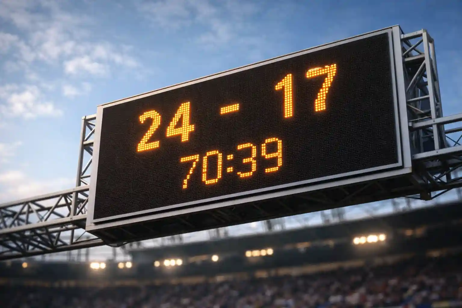 Marcador electrónico de un estadio de rugby mostrando el resultado