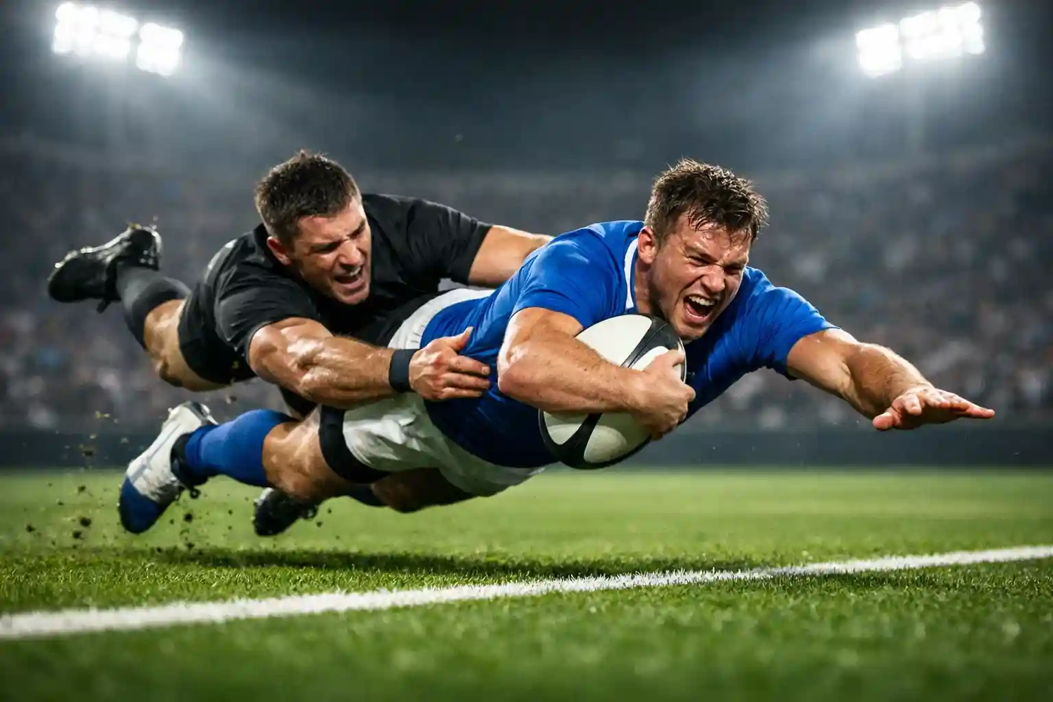 Jugadores de rugby en acción durante un momento decisivo del partido