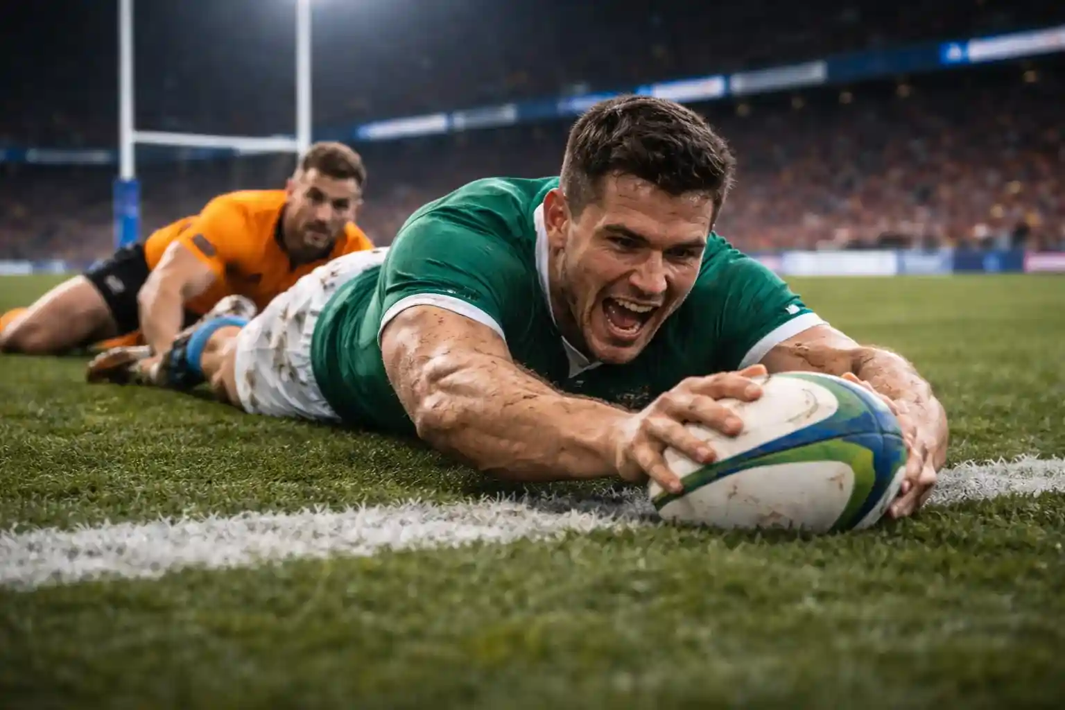 Jugador de rugby anotando un ensayo cruzando la línea de marca