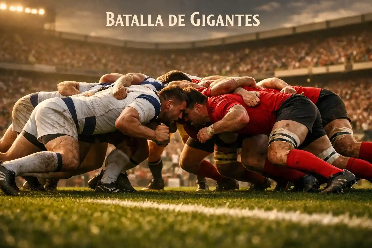 Jugadores de rugby en un scrum durante un partido profesional con estadio lleno