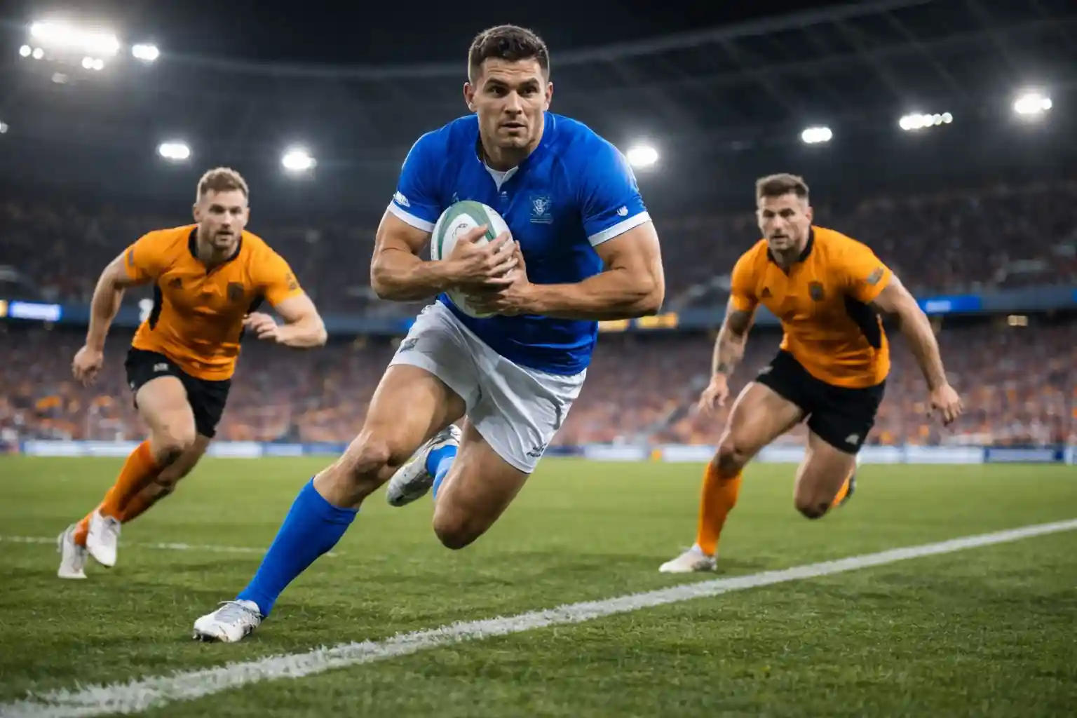 Partido de Rugby League con trece jugadores en acción ofensiva