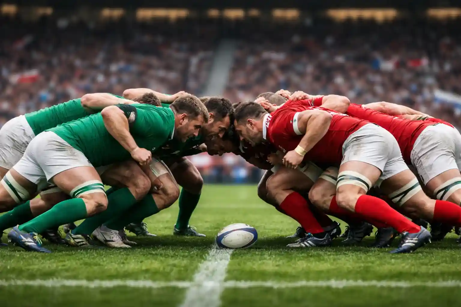 Jugadores de rugby en formación de melé durante el Seis Naciones