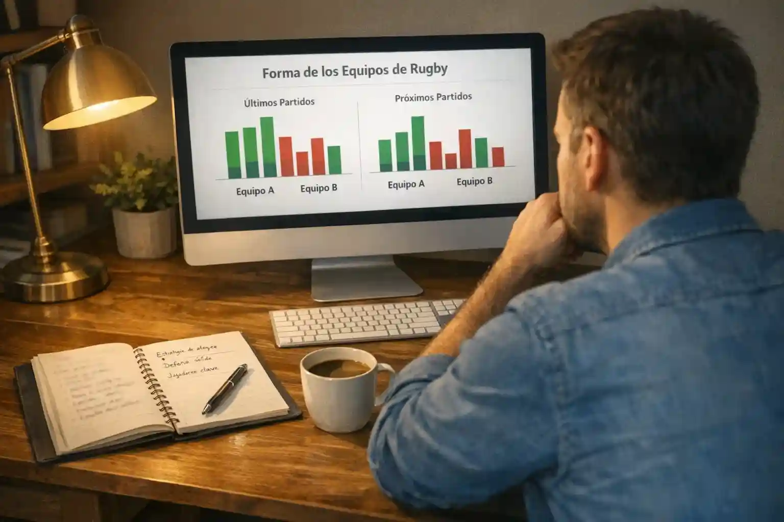 Persona analizando estadísticas de rugby en pantalla de ordenador con bloc de notas