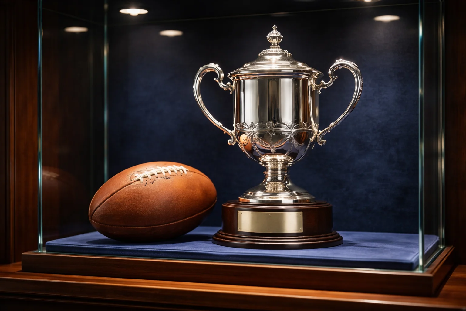 Copa de campeonato de rugby junto a balón ovalado en el césped