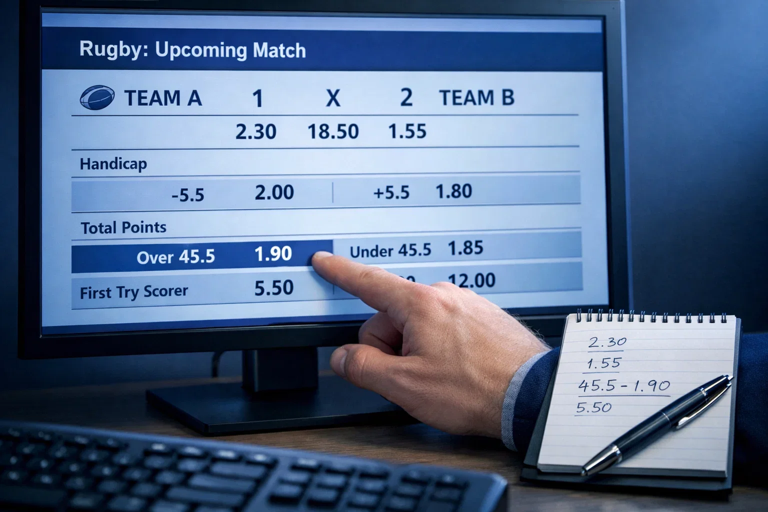 Persona analizando cuotas de apuestas deportivas en una pantalla de ordenador